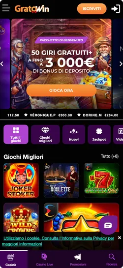 Pacchetto benvenuto fino a 3000€ su Gratowin Casinò con 50 giri gratuiti alla registrazione e accesso rapido a slot e giochi dal vivo per nuovi giocatori