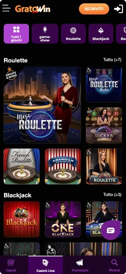 Sezione roulette dal vivo su Grato Win con croupier professionisti, tavoli multipli e streaming HD per un’esperienza autentica di casinò in tempo reale