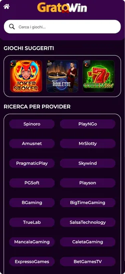 Ricerca giochi per provider su GratoWin Casinò Online con filtri per Spinoro, Play’n GO, Pragmatic Play e altri per scoprire slot e tavoli live certificati
