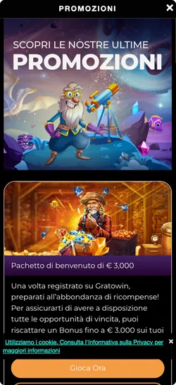 Sezione promozioni su Casinò Gratowin con banner "Scopri le nostre ultime promozioni" e offerte speciali per bonus di benvenuto e giri gratuiti in Italia