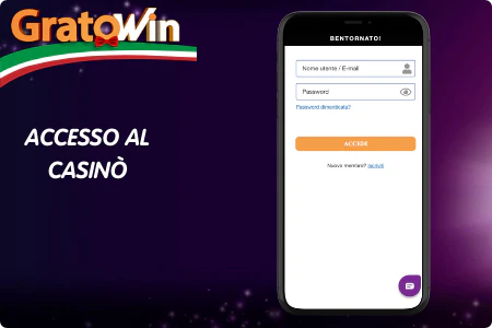 Schermata login su Gratowin Italia con campi email/password, pulsante Accedi e accesso rapido a slot, giochi da tavolo e promozioni settimanali per giocatori registrati