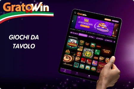 Giochi da tavolo su Grato Win Casino con roulette europea, blackjack multi-mano, Texas Hold'em e varianti live per strategia e vincite in Italia