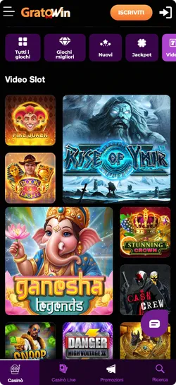 Catalogo video slot su Gratowin Casino con titoli popolari come Ganesha Legends, Danger High Voltage e filtri per provider per trovare giochi preferiti